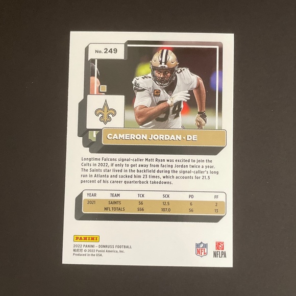 Cameron Jordan: New Orleans Saints, Defensive End 2022 Panini Donruss #249 - Picture 2 of 2